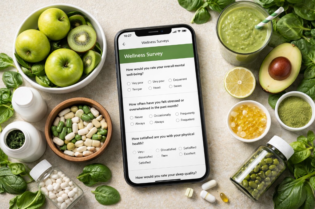 Phone showing a wellness survey on a table with fresh fruit, greens, and supplements.